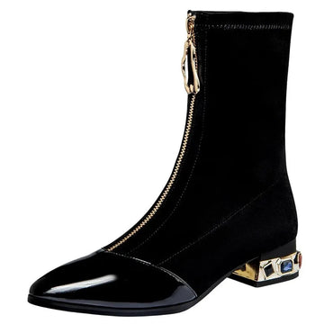 Xajzpa Women Shiny Sequin Ankle Boots Winter Fashion Pointed Front Zipper Rhinestone Square Heels Short Boots Retro Motorcycle Shoes